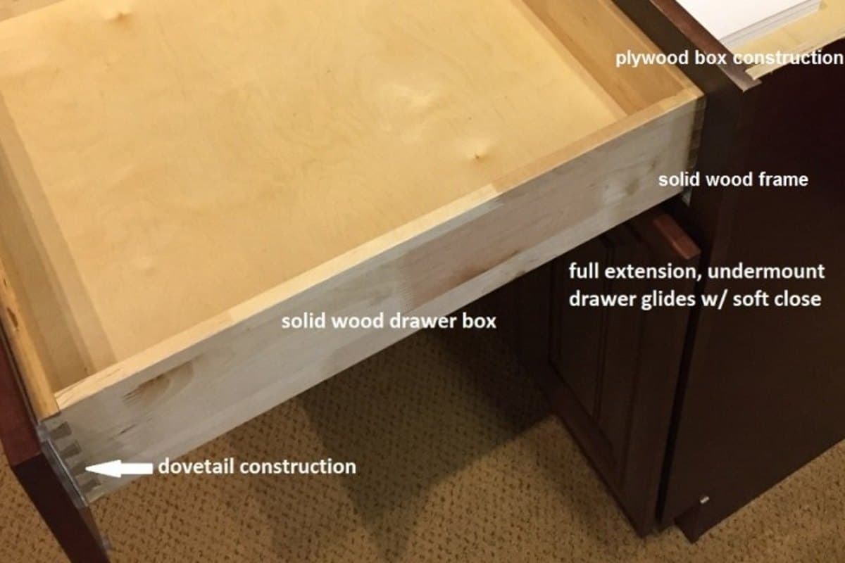 Glide-Lock cabinet construction: plywood box, solid wood frame and dovetail drawer box