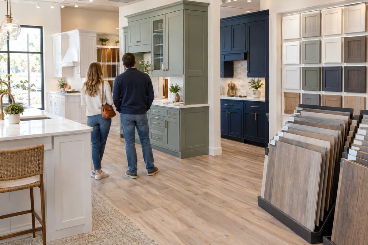 Homeowners browsing cabinet and flooring displays in a showroom