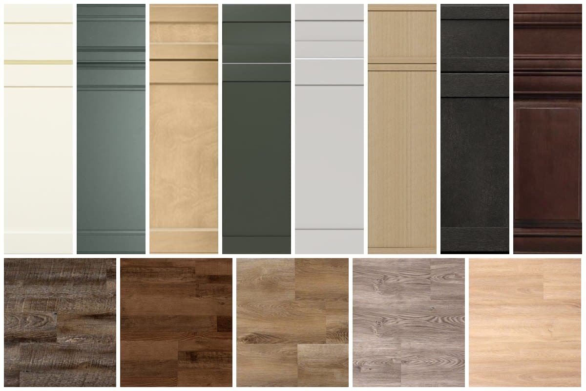 Collage of Glide-Lock cabinet door finishes and Luxury Vinyl Plank Flooring colors