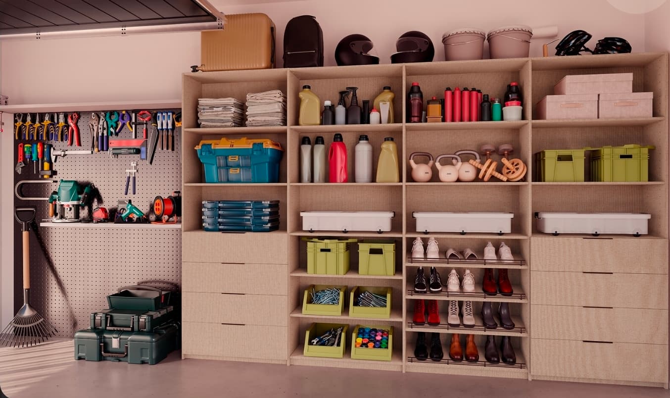 Garage storage wall with shelving and drawers