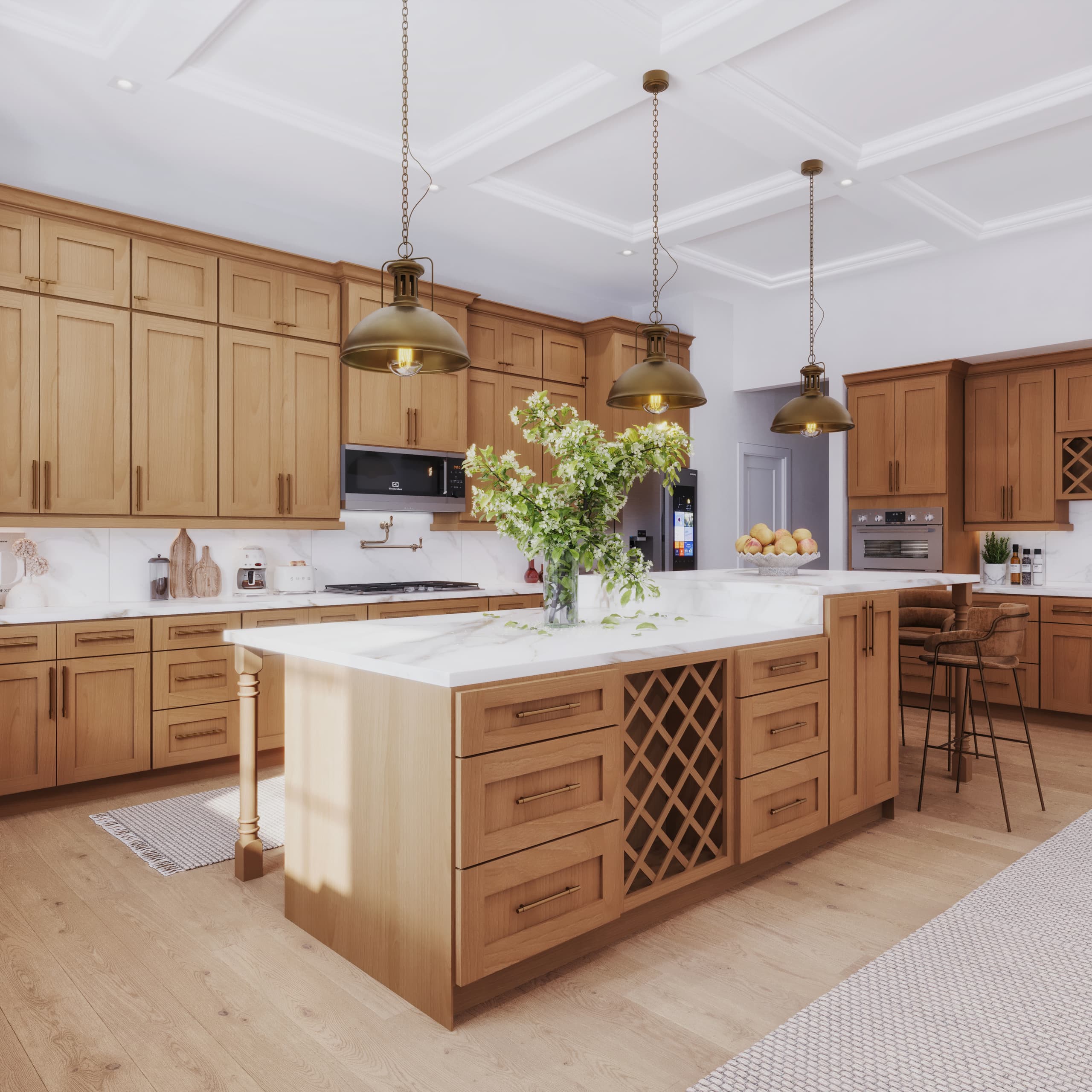 Glide-Lock kitchen - St Charles Beechwood Shaker with coffered ceiling