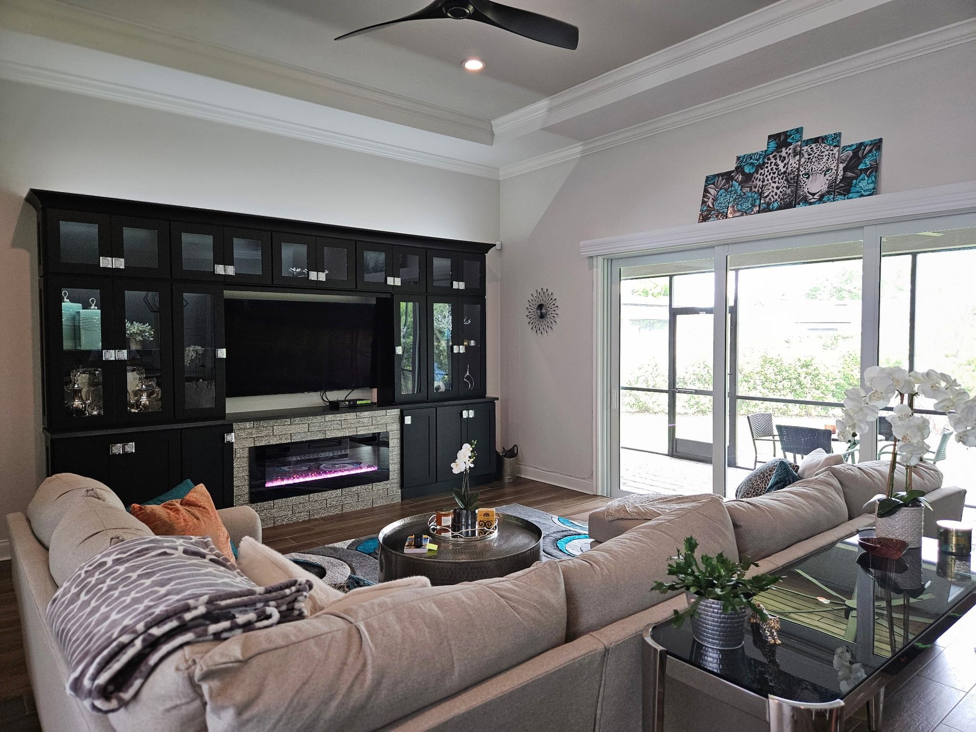 Charcoal entertainment center with fireplace